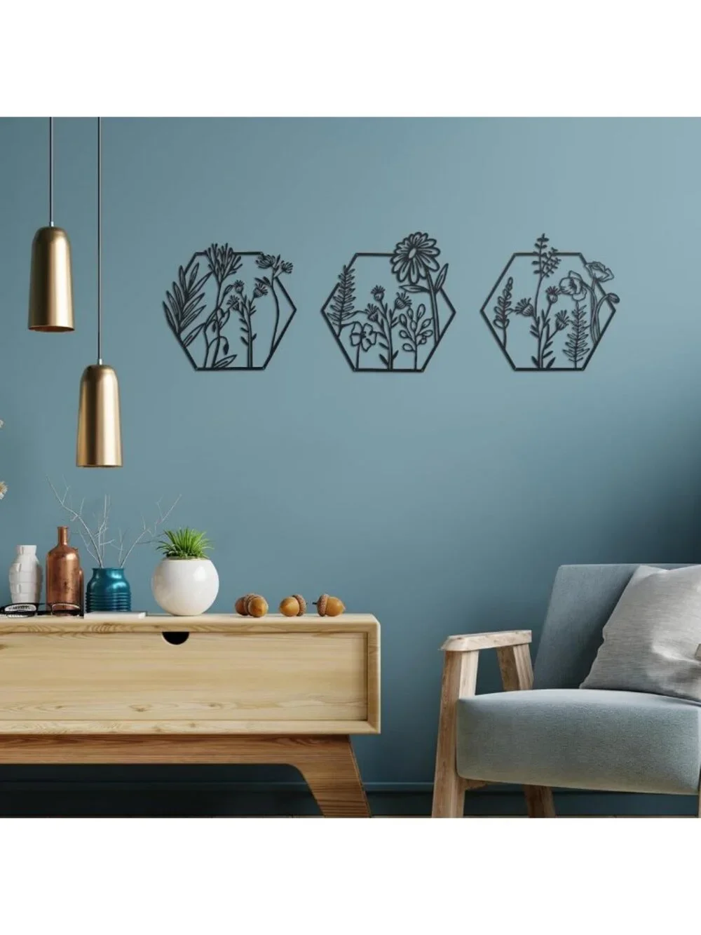 3-Piece Metal Flower Wall Decor Set - Minimalist Floral Hanging Art, Black